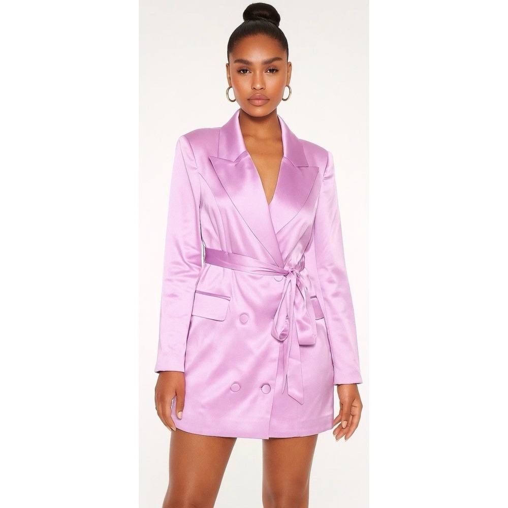 Naked Wardrobe Blazer Dress M Lavender Satin Tie Front Mini Structured NEW‎